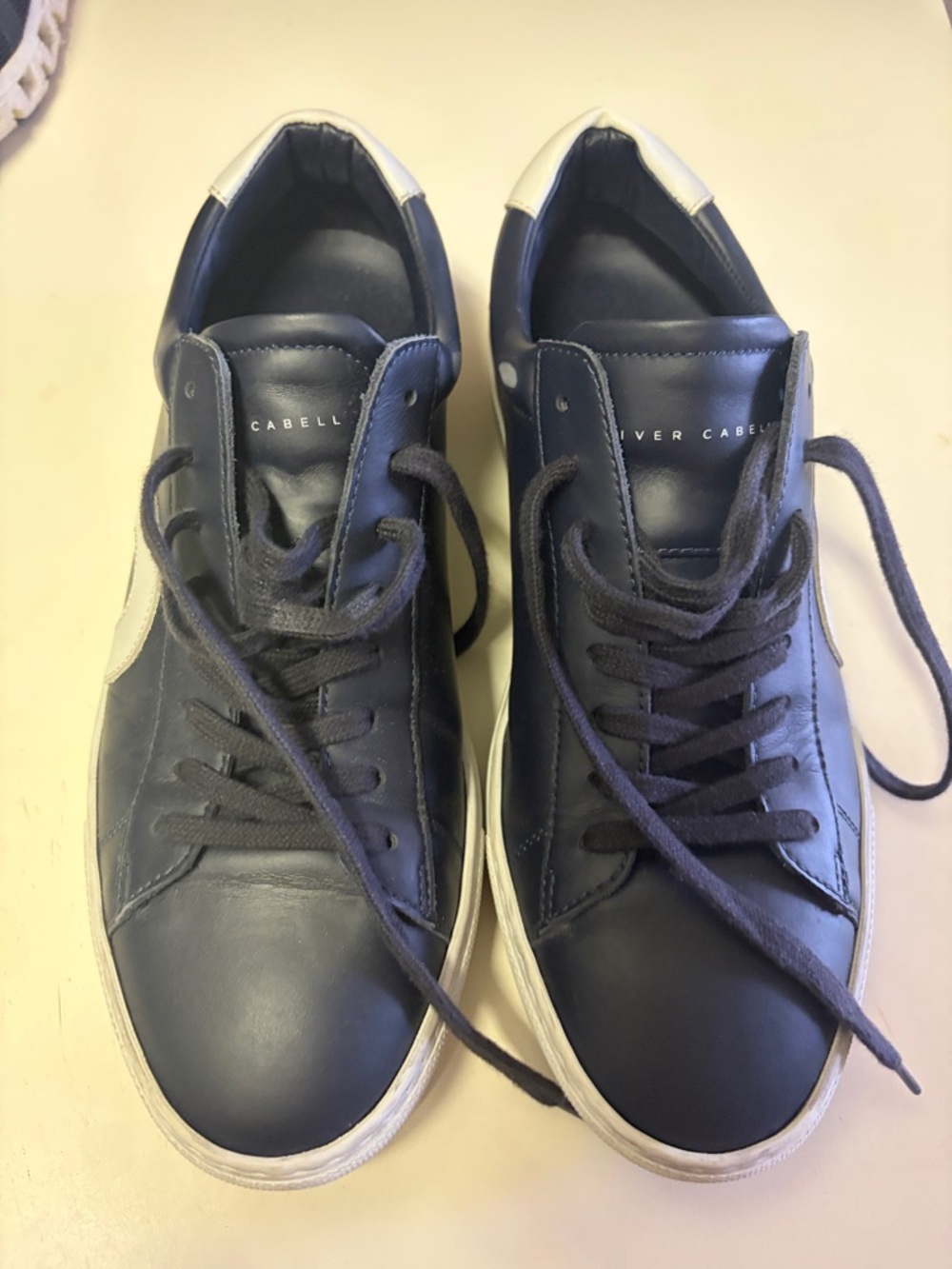 Oliver Cabell Navy Leather Low-Top Sneakers with White Heel Tab